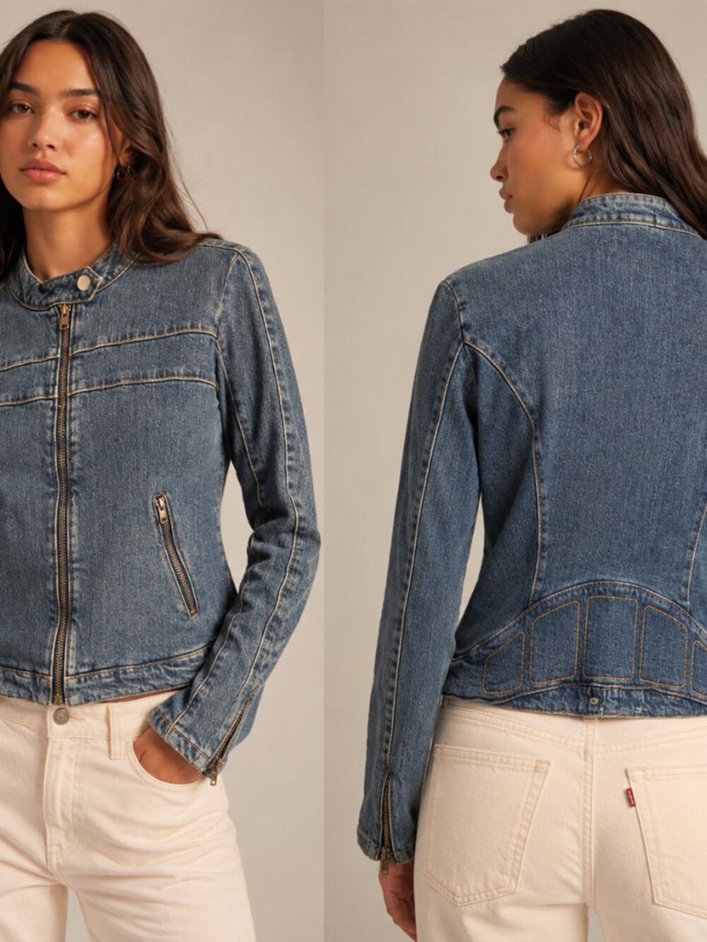 We The Free FP Fast Lane Denim Moto Biker Jacket Women's Sz L Y2K